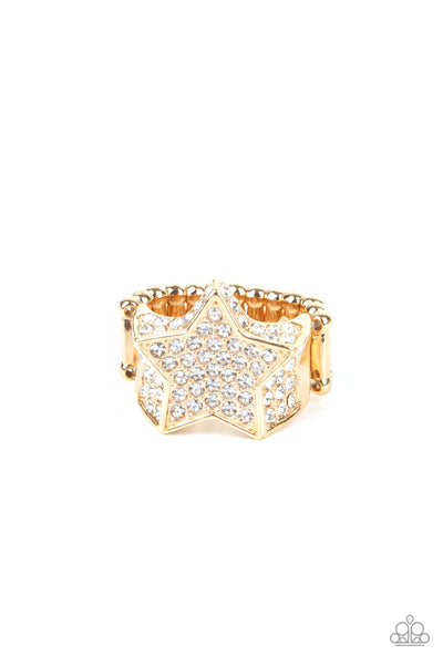 HERE COME THE FIREWORKS - GOLD RHINESTONE STAR RING - PAPARAZZI