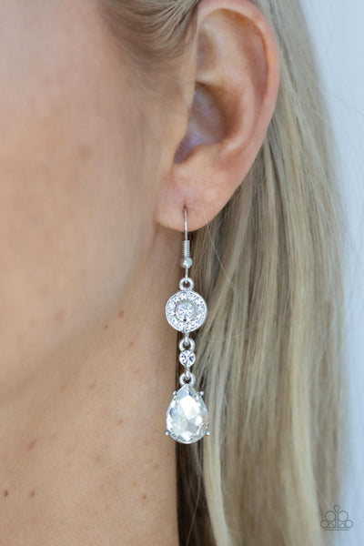 GRACEFUL GLIMMER - WHITE RHINESTONE SILVER EARRINGS - PAPARAZZI