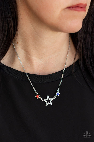 UNITED WE SPARKLE - MULTI RED WHITE AND BLUE RHINESTONE STAR NECKLACE - PAPARAZZI