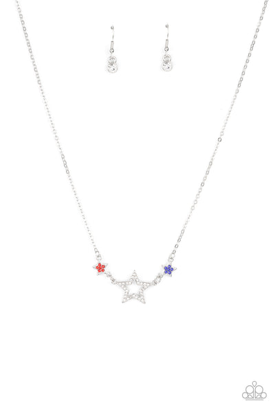 UNITED WE SPARKLE - MULTI RED WHITE AND BLUE RHINESTONE STAR NECKLACE - PAPARAZZI