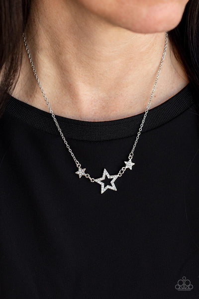 UNITED WE SPARKLE - WHITE RHINESTONE SILVER STAR DAINTY NECKLACE - PAPARAZZI