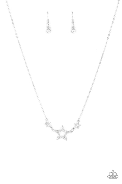 UNITED WE SPARKLE - WHITE RHINESTONE SILVER STAR DAINTY NECKLACE - PAPARAZZI