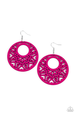 TROPICAL REEF - PINK WOOD FILIGREE CIRCLE EARRINGS - PAPARAZZI