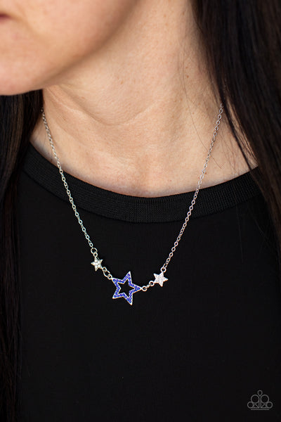 UNITED WE SPARKLE - BLUE RHINESTONE STAR SILVER NECKLACE - PAPARAZZI
