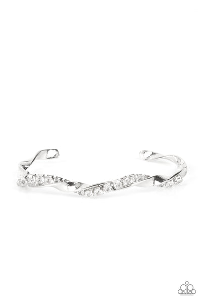 TWISTED TWINKLE - WHITE RHINESTONE TWISTED SILVER BAR CUFF BRACELET - PAPARAZZI