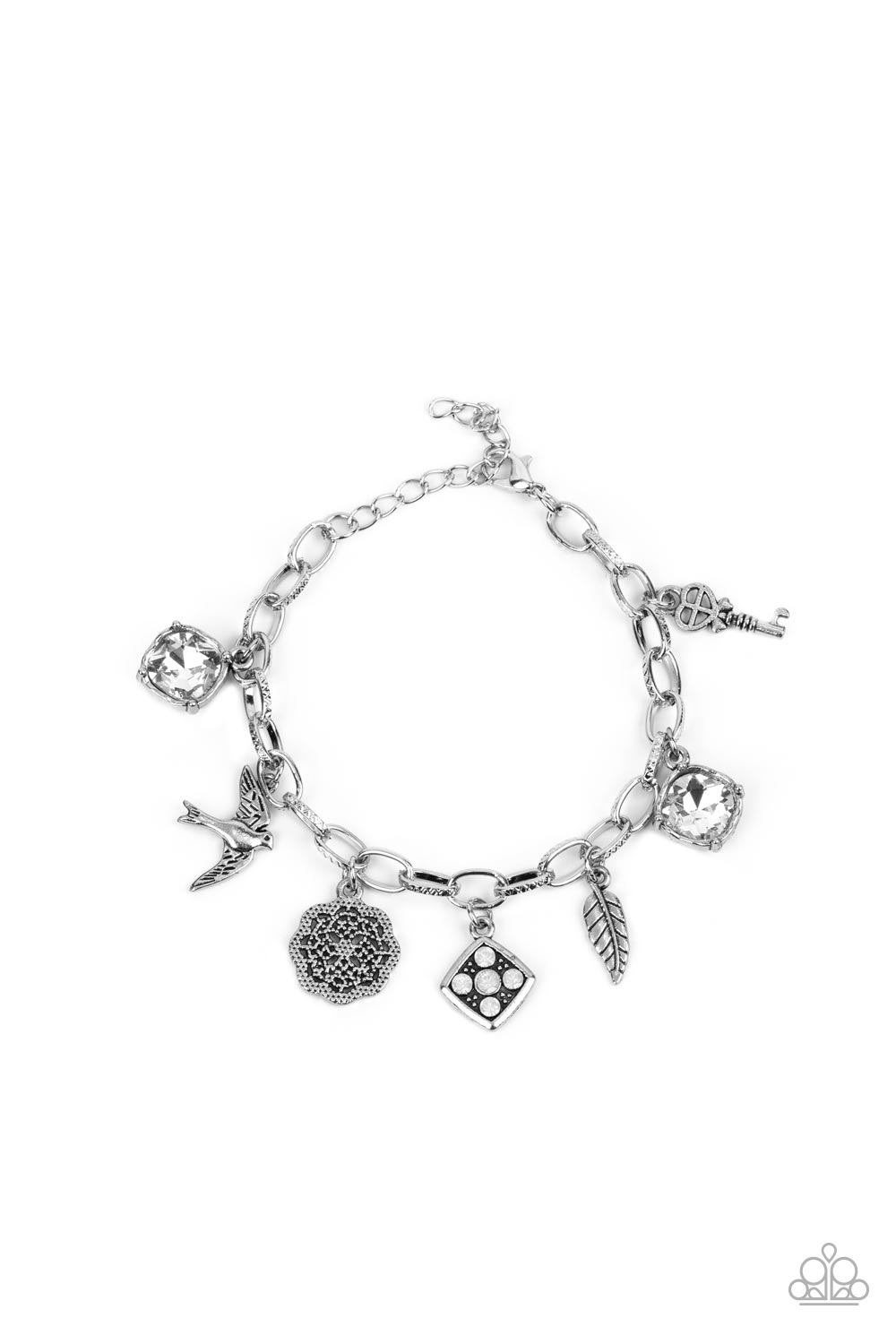 FANCIFULLY FLIGHTY - WHITE GEM SILVER BIRD FEATHER FLORAL CHARM BRACELET - PAPARAZZI