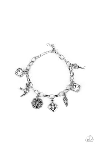 FANCIFULLY FLIGHTY - WHITE GEM SILVER BIRD FEATHER FLORAL CHARM BRACELET - PAPARAZZI