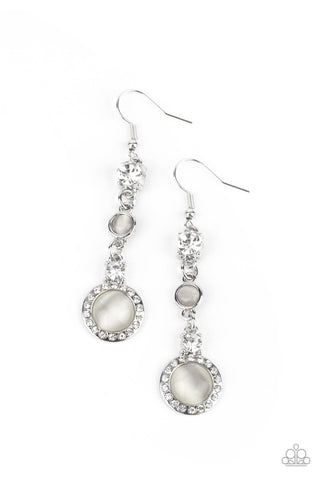EPIC ELEGANCE - WHITE RHINESTONE AND CAT'S EYE STONE SILVER EARRINGS - PAPARAZZI