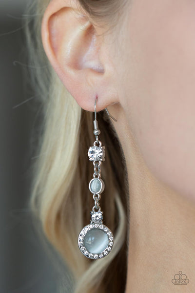 EPIC ELEGANCE - WHITE RHINESTONE AND CAT'S EYE STONE SILVER EARRINGS - PAPARAZZI