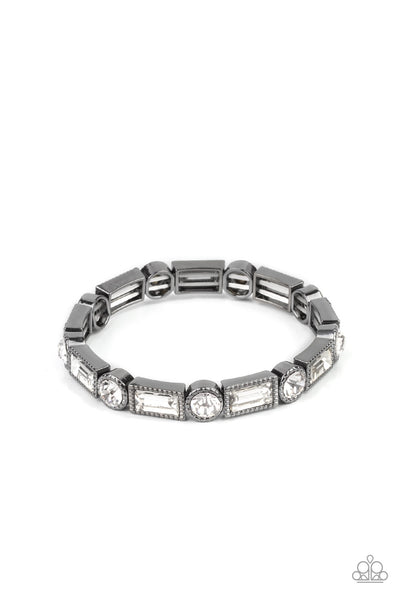 CLASSIC COUTURE - BLACK GUNMETAL FRAME WHITE RHINESTONE STRETCHY BRACELET - PAPARAZZI