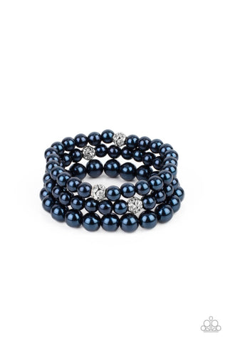 HERE COMES THE HEIRESS - BLUE PEARL WHITE RHINESTONE STRETCHY BRACELET SET - PAPARAZZI