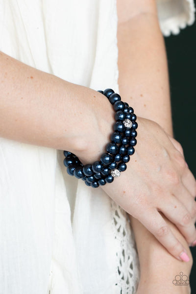 HERE COMES THE HEIRESS - BLUE PEARL WHITE RHINESTONE STRETCHY BRACELET SET - PAPARAZZI