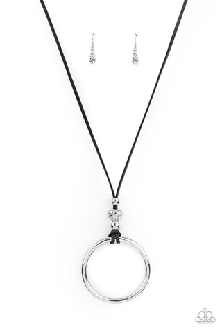 BLING INTO FOCUS - BLACK LEATHER CORD SILVER CIRCLE NECKLACE - PAPARAZZI
