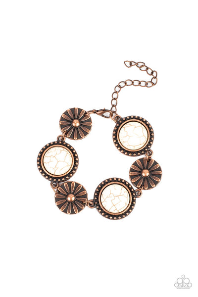 FREDONIA FLOWER PATCH - COPPER FRAME WHITE STONE BRACELET - PAPARAZZI
