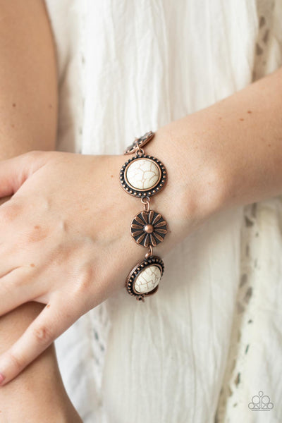 FREDONIA FLOWER PATCH - COPPER FRAME WHITE STONE BRACELET - PAPARAZZI