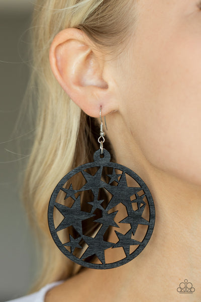 COSMIC PARADISE - BLACK WOODEN STAR CIRCLE EARRINGS - PAPARAZZI