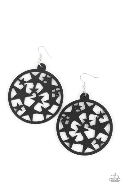 COSMIC PARADISE - BLACK WOODEN STAR CIRCLE EARRINGS - PAPARAZZI