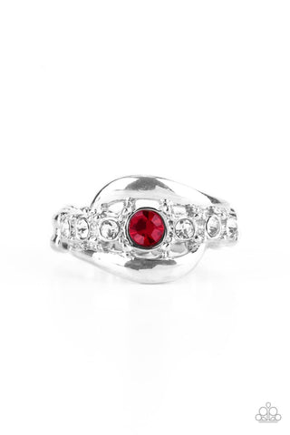 GRACEFUL GALLANTRY - RED RHINESTONE SILVER RING - PAPARAZZI