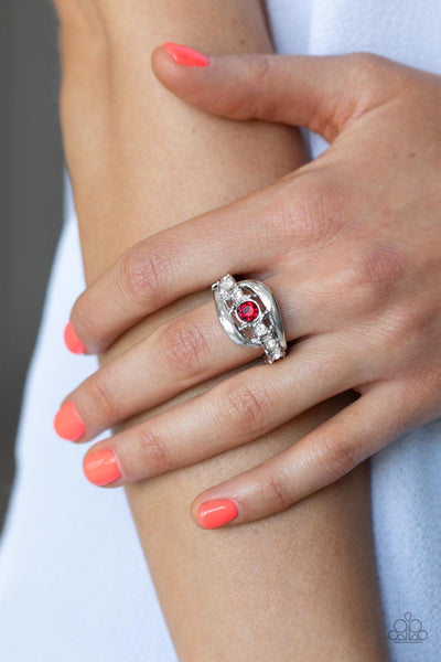 GRACEFUL GALLANTRY - RED RHINESTONE SILVER RING - PAPARAZZI