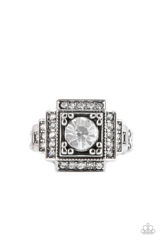 POLISHED PANTHEON - WHITE RHINESTONE SILVER RING - PAPARAZZI