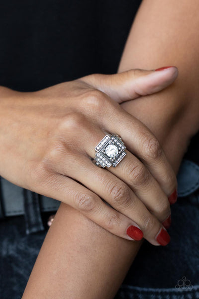 POLISHED PANTHEON - WHITE RHINESTONE SILVER RING - PAPARAZZI