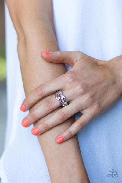 DAINTILY DREAMY - PINK RHINESTONE SILVER RING - PAPARAZZI
