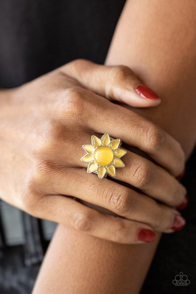 BLOSSOMING SUNBEAMS - YELLOW CAT'S EYE FLOWER SUN SILVER RING - PAPARAZZI