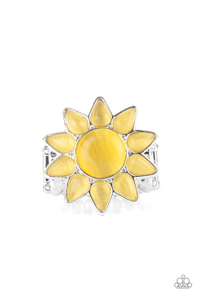 BLOSSOMING SUNBEAMS - YELLOW CAT'S EYE FLOWER SUN SILVER RING - PAPARAZZI