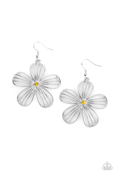 MEADOW MUSICAL - YELLOW RHINESTONE SILVER FLOWER EARRINGS - PAPARAZZI