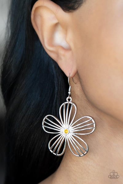 MEADOW MUSICAL - YELLOW RHINESTONE SILVER FLOWER EARRINGS - PAPARAZZI