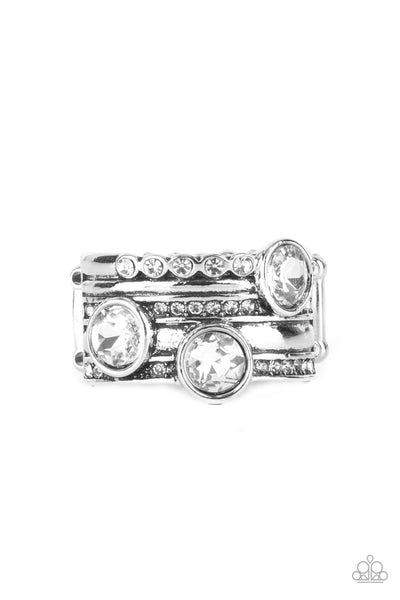 PACK IT ON - WHITE RHINESTONE SILVER RING - PAPARAZZI