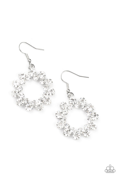 CHAMPAGNE BUBBLES - WHITE RHINESTONE SILVER CIRCLE EARRINGS - PAPARAZZI