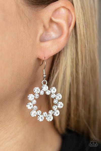 CHAMPAGNE BUBBLES - WHITE RHINESTONE SILVER CIRCLE EARRINGS - PAPARAZZI