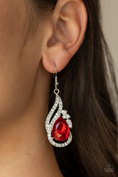 DANCEFLOOR DIVA - RED TEARDROP GEM RHINESTONE EARRINGS - PAPARAZZI