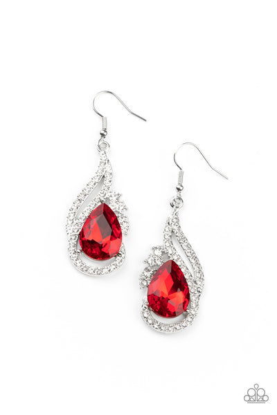 DANCEFLOOR DIVA - RED TEARDROP GEM RHINESTONE EARRINGS - PAPARAZZI