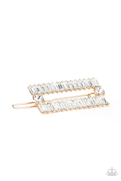 DECO DYNASTY - GOLD FRAME RHINESTONE RECTANGLE HAIR CLIP - PAPARAZZI