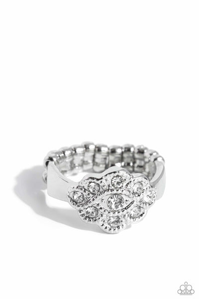 FLORAL FROU-FROU - WHITE RHINESTONE SILVER RING - PAPARAZZI