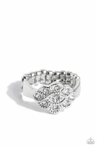 FLORAL FROU-FROU - WHITE RHINESTONE SILVER RING - PAPARAZZI