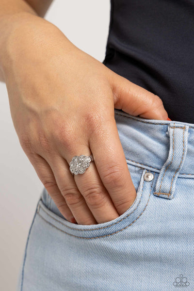 FLORAL FROU-FROU - WHITE RHINESTONE SILVER RING - PAPARAZZI