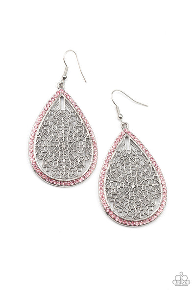 FLEUR DE FANTASY - PINK RHINESTONE SILVER FLORAL TEARDROP EARRINGS - PAPARAZZI