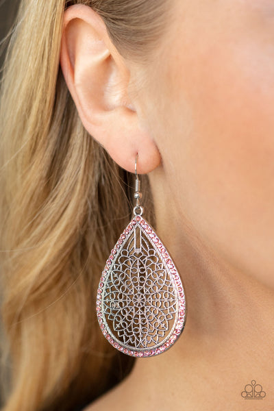 FLEUR DE FANTASY - PINK RHINESTONE SILVER FLORAL TEARDROP EARRINGS - PAPARAZZI
