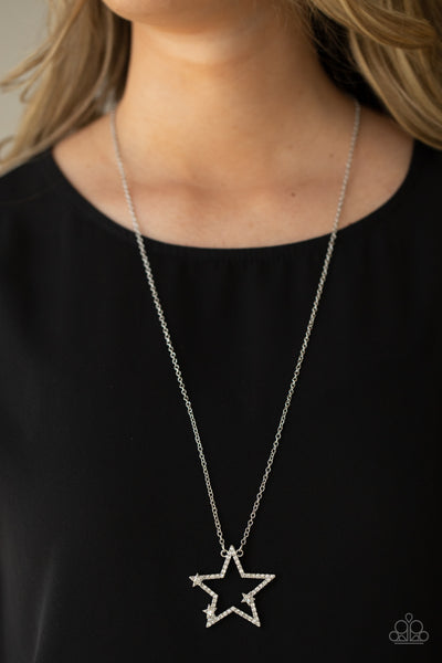 I PLEDGE ALLEGIANCE TO THE SPARKLE - WHITE RHINESTONE SILVER STAR NECKLACE - PAPARAZZI