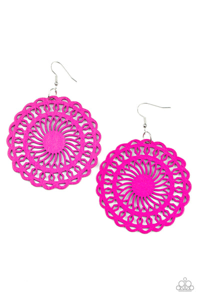 ISLAND SUN - PINK WOODEN FILIGREE CIRCLE EARRINGS - PAPARAZZI