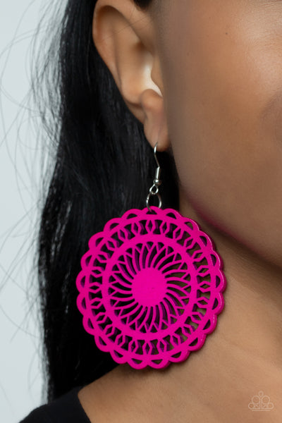 ISLAND SUN - PINK WOODEN FILIGREE CIRCLE EARRINGS - PAPARAZZI