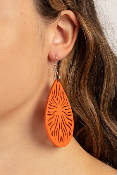 SUNNY INCANTATIONS - ORANGE TEARDROP CUTOUT WOODEN EARRINGS - PAPARAZZI