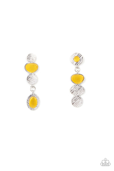 ASYMMETRICAL APPEAL - YELLOW CAT'S EYE SILVER POST EARRINGS - PAPARAZZI