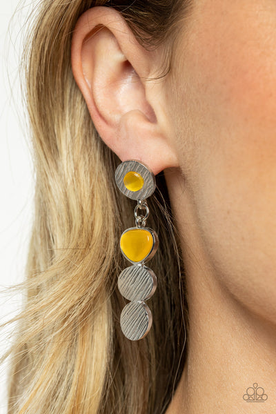 ASYMMETRICAL APPEAL - YELLOW CAT'S EYE SILVER POST EARRINGS - PAPARAZZI