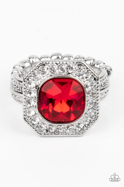 TITLE MATCH - RED GEM WHITE RHINESTONE SILVER RING - PAPARAZZI