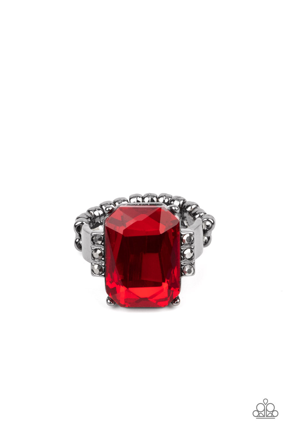 EPIC PROPORTIONS - RED RECTANGLE GEM HEMATITE RHINESTONE GUNMETAL RING - PAPARAZZI
