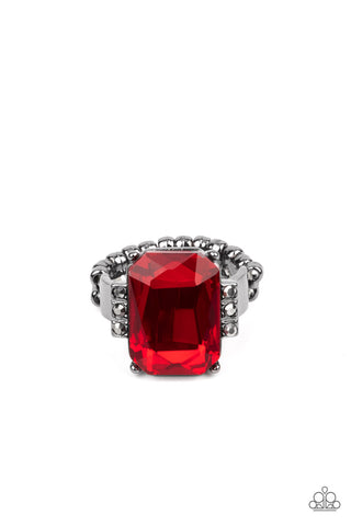 EPIC PROPORTIONS - RED RECTANGLE GEM HEMATITE RHINESTONE GUNMETAL RING - PAPARAZZI